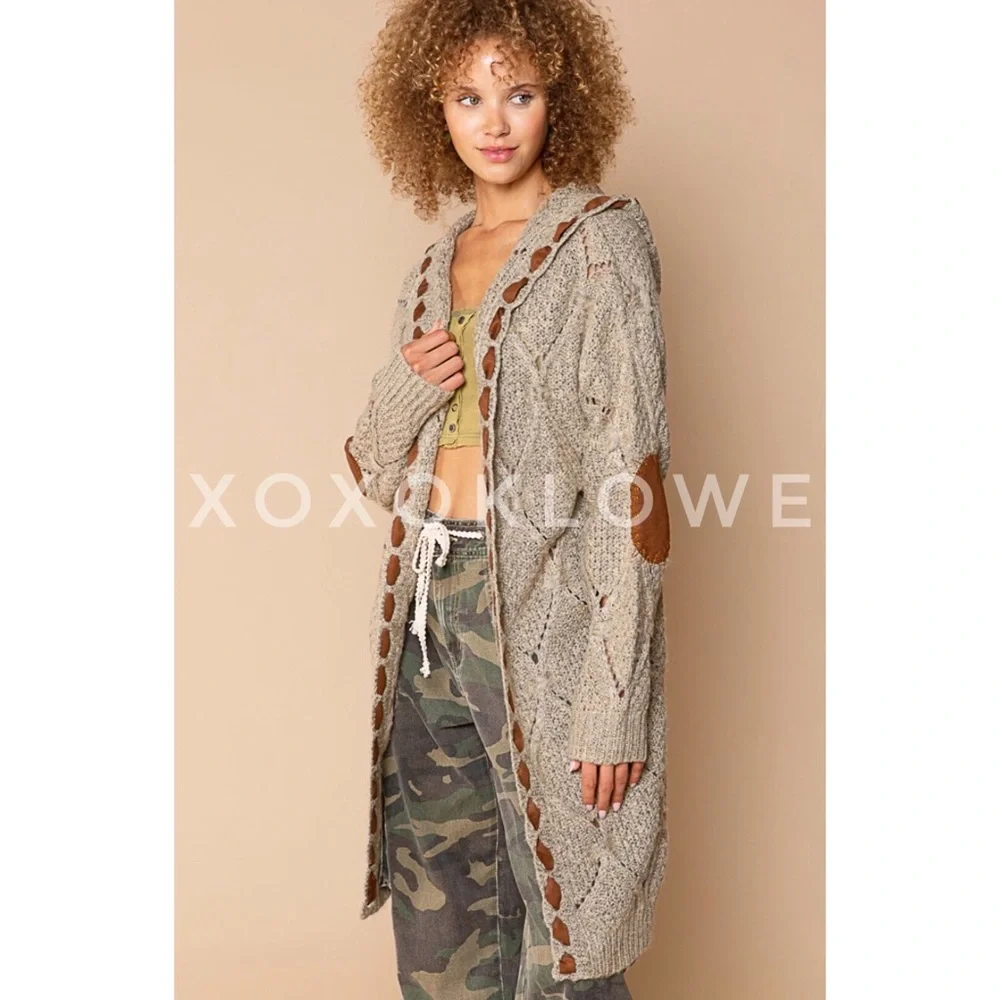 1 L POL Hooded Cardigan Open Front Diamond Weave Faux Suede Detail - Picture 11 of 13